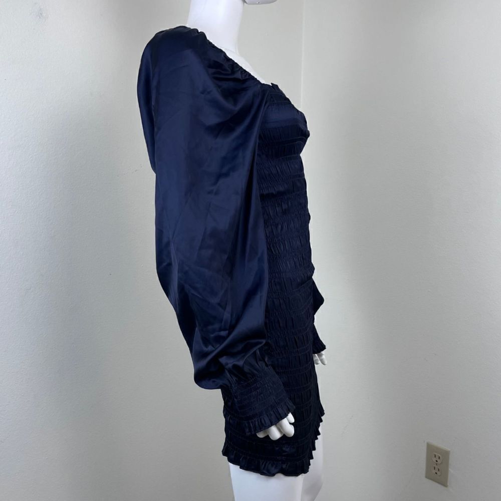 Dress Forum Women Size S Blue Smocked Satin Pullover Long Sleeve Mini NEW Dress - Picture 9 of 15
